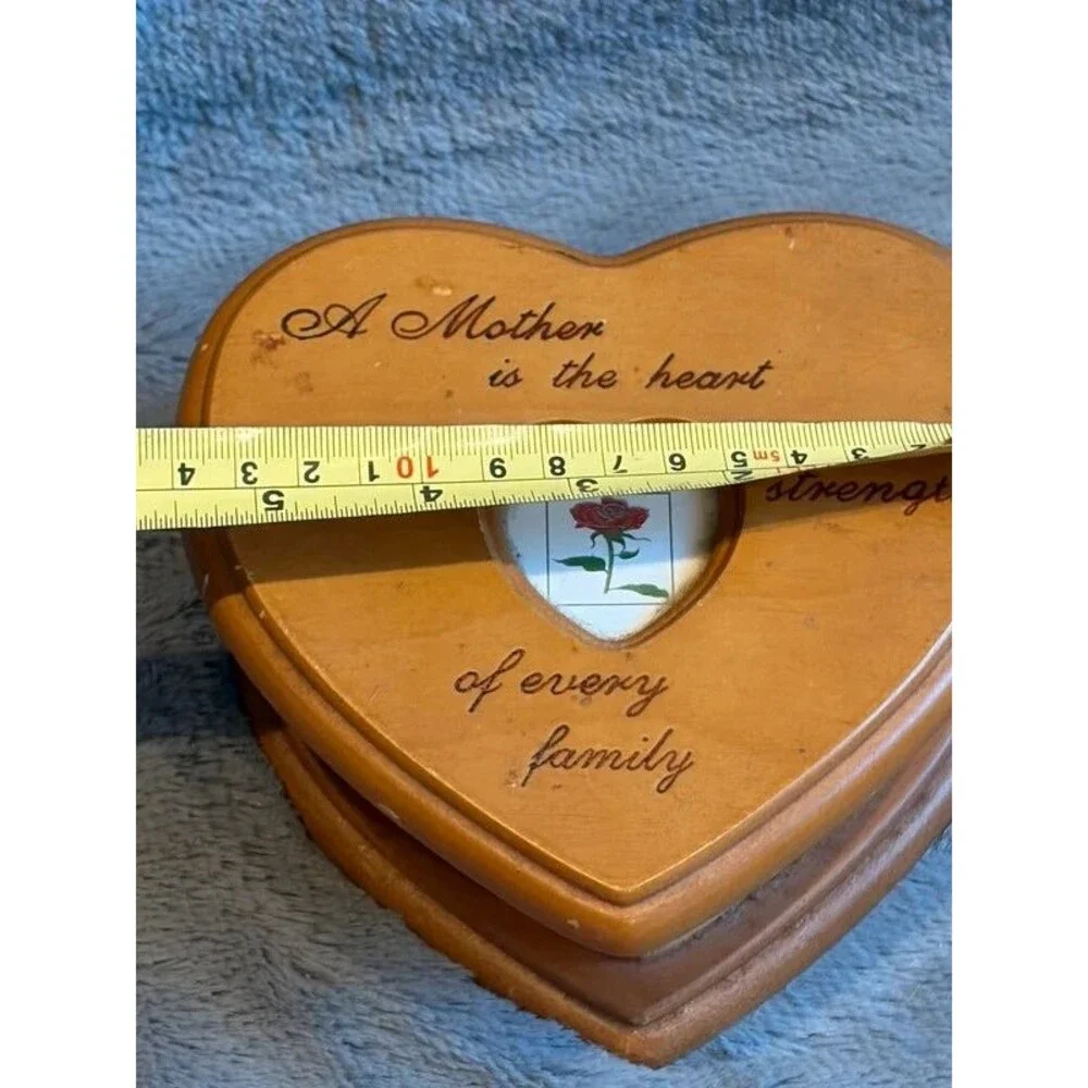 MCM Vintage Wooden Heart Shaped Trinket Jewelry Box Mother Poem Rose Photo Frame